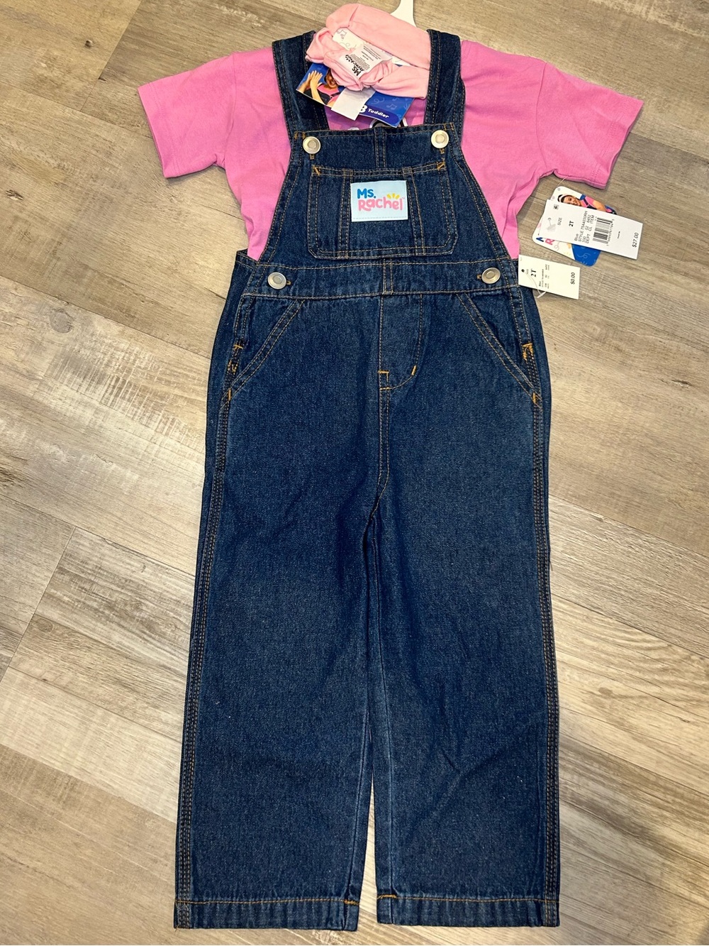 Ms. Rachel 3 Piece Toddler Outfit Set Pink Blue Overall Top Headband